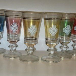 Vintage Lubiana Colored Cordial Glasses White Flower w/Gold Trim - Set Of 6